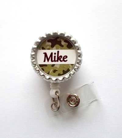 Personalized camouflage brown bottle cap badge reel - male badge reel - teacher badge - dr badge reel - camo badge reel - male nurse badge