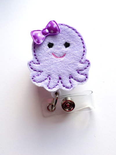 Purple octopus - retractable id badge reel - md badge holder - cute badge reel - nurse badge holder - nursing badge clip - teacher badge