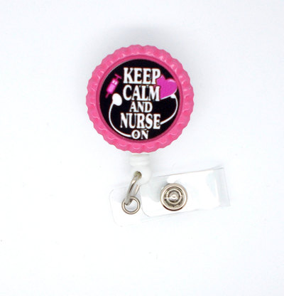 Keep calm and nurse on heart pink - cardiac care nurse badge holder - retractable id badge reel - nurse badge holder - nursing badge holder