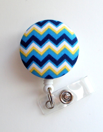 Blue and yellow chevron - retractable id badge holder - cute id badge reel - name tag holder - nursing badge clip - rn - teacher badge