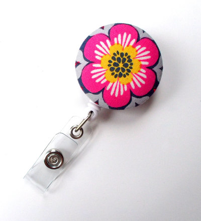 Flower pink yellow gray - cute id badge reel - nurse badge holder - nursing badge reel - retractable id badge reel - teacher badge - nurse