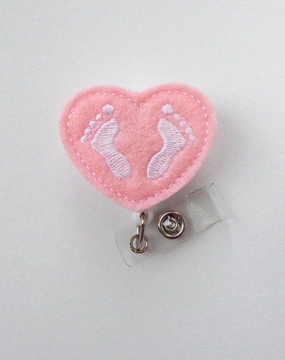 Baby feet heart pink - retractable id felt badge holder - nicu badge - nurses badge holder - nurse badge - pediatric badge - newborn badge