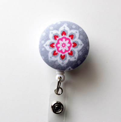 Gray and pink flower - retractable id badge holder - cute id badge reel - name badge holder - nursing badge clip - teacher badge clip - rn