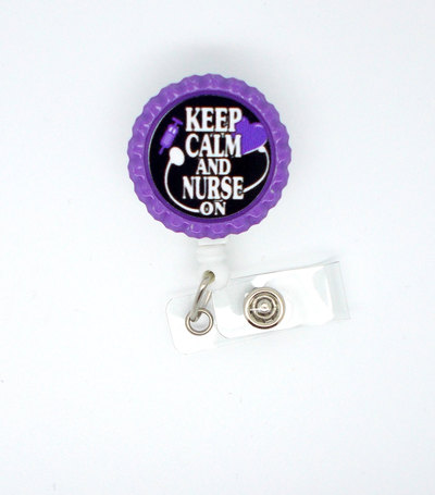Keep calm and nurse on heart purple- name badge holder - cute badge reel - nurse badge holder - nursing badge holder - rn gift