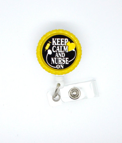 Keep calm and nurse on heart yellow - nurse badge holder - retractable id badge reel - rn badge holder - nursing badge holder - cute id