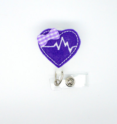 Beating heart purple - retractable badge reel - cardiac care badge - heartbeat badge - nurse badge holder - nursing badge clip - felt badge