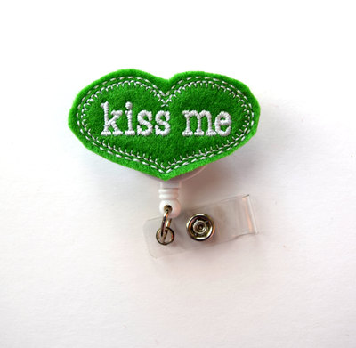 Kiss me heart - cute badge clip - nurses badge holder - nursing badge holder - teacher badge reel - st. patricks day gift - rn badge clip
