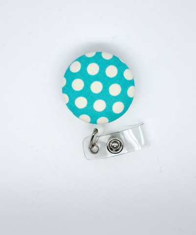 Aqua and white polka dot - name badge holder - retractable id badge reel - teacher badge clip - nurse badge holder - unique badge reel - rn
