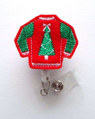 Ugly christmas sweater red - retractable id felt badge holder - christmas badge reel - nurses badge holder - medical badge - teacher badge
