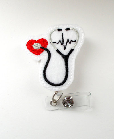 Stethoscope ekg red - retractable badge reel - cardiac badge holder - nurse badge holder - nursing badge clip - felt badge - ccu badge