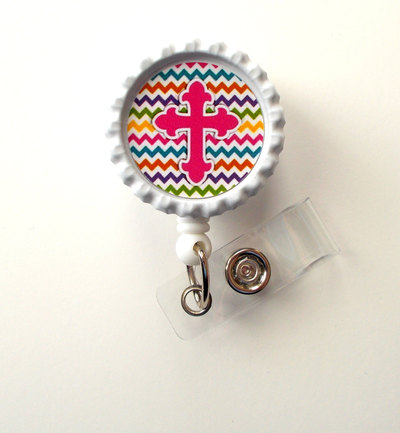 Chevron cross pink - nursing badge holder - teacher badge reel - nurse name badge - nurses badge - cute id badge reel - rn badge