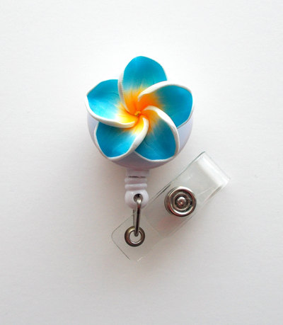 Aqua plumeria flower - id badge holder - flower badge reel - name badge holder - pretty id badge clip - nursing badge - nurse gift