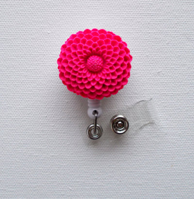 Candy pink pom pom flower - nursing badge holder - retractable id badge reel - nurse id badge clip - flower badge holder - teacher clip