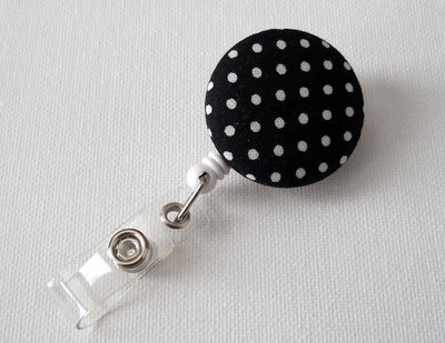 Black and white polka dot - name badge holder - retractable id badge reel - button badge clip - nurse badge holder - unique badge reel