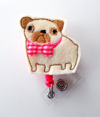 Pug with bow - cute badge holder - nurses badge holder - felt badge holder - nursing badge holder - cute badge reel - rn badge reel