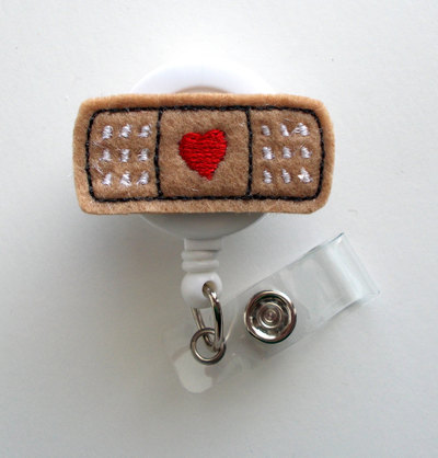 Bandaid red heart - retractable id badge reel - md badge holder - cute badge reel - nurse badge holder - nursing badge clip - felt badge