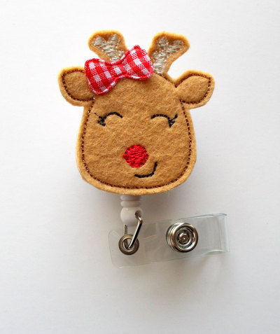 Reindeer with bow - retractable id felt badge holder - holiday badge reel - nurses badge holder - nurse badge - teacher badge