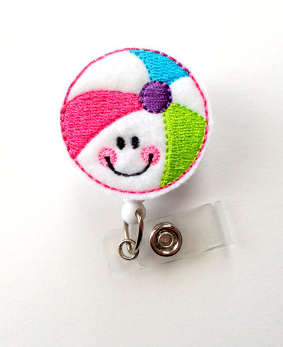 Smiling beach ball - badge reel - medical badge holder - rn badge reel - teacher badge holder - nursing badge clip - sea pass badge