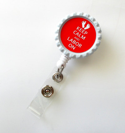 Keep calm and labor on red baby feet - name badge holder - labor and delivery badge reel - nursing badge - l&d badge