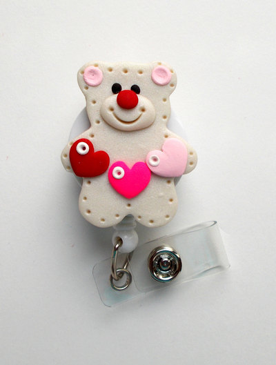 Teddy with heart banner - name badge holder - nurse id badge - teacher badge holder - hospital badge - designer badge - preschool badge reel