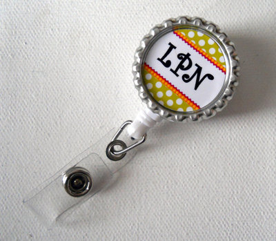 Lpn polka dots - bottlecap id badge reel - name badge holder - lpn badge clip - nurse badge holder - badge clip