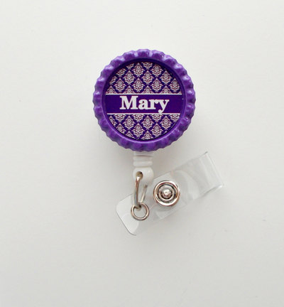 Personalized damask purple - id badge holder - badge reel - name badge holder - teacher badge - nursing badge - nurse badge holder - rn