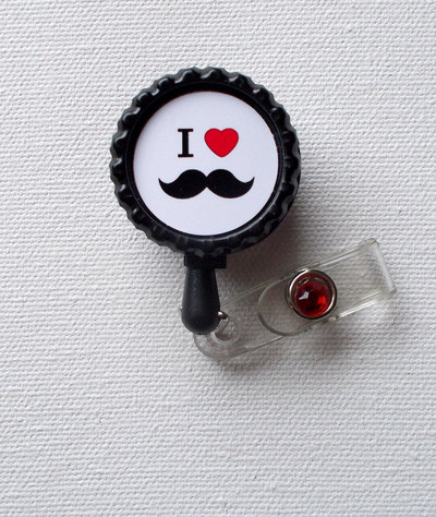 I love mustache - id badge holder - badge reel - geeky badge holder - badge holder for nurses - nursing badge
