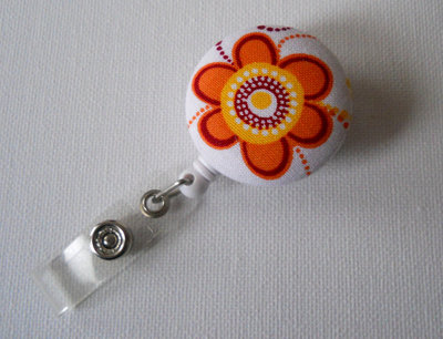 Orange flower - retractable id badge reel - fabric id badge holder - nurse badge clip - cute badge reel - nursing badge