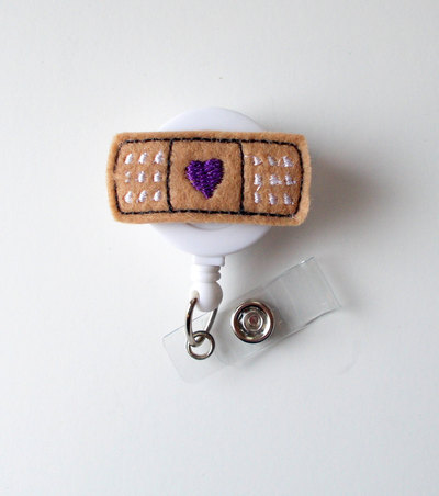 Bandaid purple heart - retractable id badge reel - md badge holder - cute badge reel - nurse badge holder - nursing badge clip - felt badge