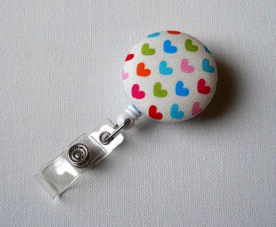 Colorful hearts - name badge holder - retractable id badge reel - cute id badge clip - badges - fabric badge pull - pediatric badge