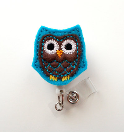 Brown and blue owl - retractable id badge reel - name badge holder - pediatric badge reel - nurse badge holder - nursing badge - felt badge