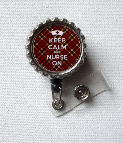 Keep calm and nurse on - brown and gold tartan - id badge holder - badge reel - mens badge holder - nurse id badge clip