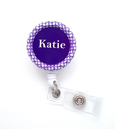 Personalized purple polka dot - retractable id badge reel - nurse badge holder - cute id badge reel