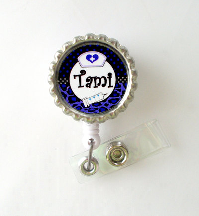 Personalized leopard purple - id badge holder - badge reel - name badge holder - bottle cap badge - nursing badge - nurse badge holder