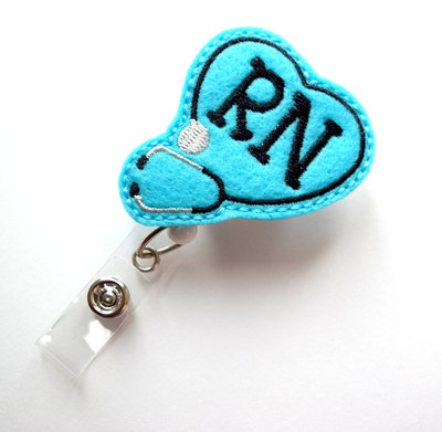 Rn heart stethoscope blue - retractable badge reel - name badge holder - nurse badge holder - nursing badge clip - felt badge - badge reels