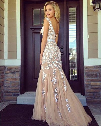 lace prom dress, long prom dress, prom dress 2015, champagne prom dress, long evening dress, party dress gown, E112