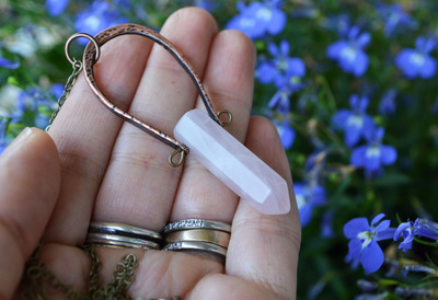 Rose Quartz Necklace, Rose Quartz Amulet, Copper Necklace, Pink Necklace, Love Stone, Spells, Pink Jewelry