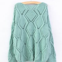 Green Large Rhombic Hollow Sweet Sweater  71909 - Thumbnail 1