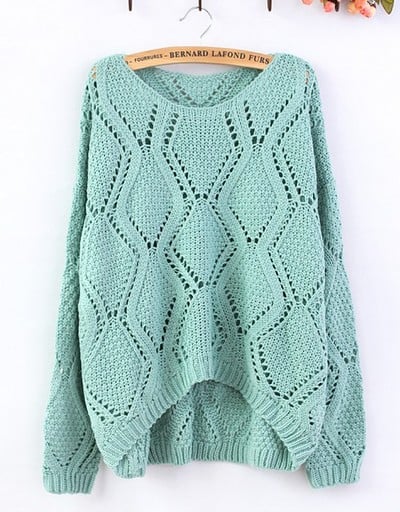 Green Large Rhombic Hollow Sweet Sweater  71909