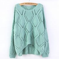 Green Large Rhombic Hollow Sweet Sweater  71909 - Thumbnail 2