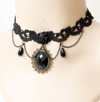 BLACK Lace Dangle Rose Choker Necklace Goth Victorian Lolita Black Droplet
