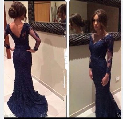 long prom dress, navy prom dress, lace prom dress, elegant prom dress, long sleeves prom dress, long evening dress, E187