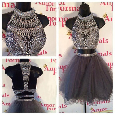 homecoming dress, short homecoming dress, short two pieces prom dress, gray prom dress, junior prom dress, E188