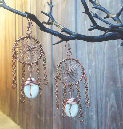 DREAM CATCHER EARRINGS - COPPER + COWRIE SHELL