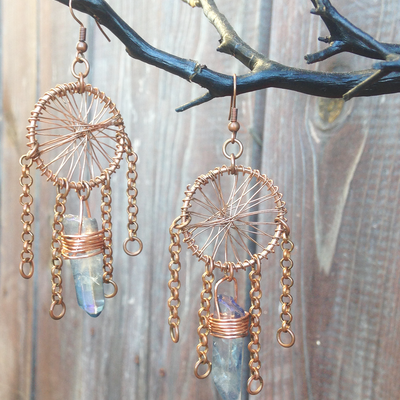 Dream catcher earrings - copper + tanzine aura quartz - Thumbnail 4