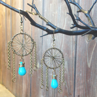 Dream catcher earrings - antique brass + turquoise - Thumbnail 5