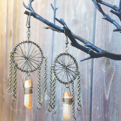 Dream catcher earrings - antique brass + druzy agate - Thumbnail 3