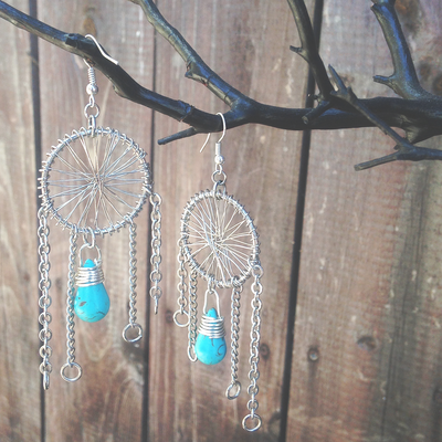 Dream catcher earrings - silver + turquoise - Thumbnail 2