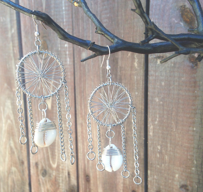 DREAM CATCHER EARRINGS - SILVER + COWRIE SHELL