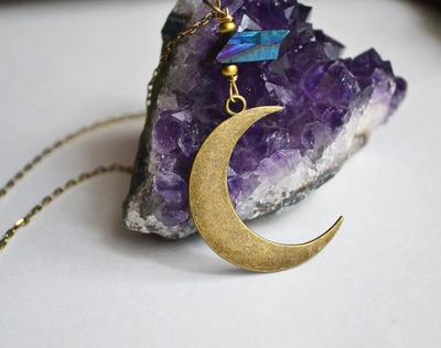 Waning Crescent Moon, Luna Moon Necklace, Half Moon Necklace, Moon Phases, Moon and Crystal Quartz Necklace, A